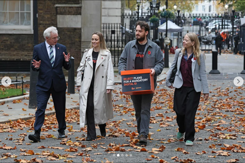 Sian Berry with Big Brother Watch handing in a petition against Digital ID at Downing Street - credit Nigelhowardmedia on Instagram