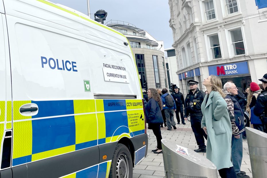 Sian Berry in Brighton City Centre looking at a police facial recognition van being deployed in Jan 2026
