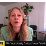 Image is of sian being interview on Sky News. She is wearing a teal blazer. A live headline on screen reads: breaking news PM absolutely furious over failed mandelson vetting